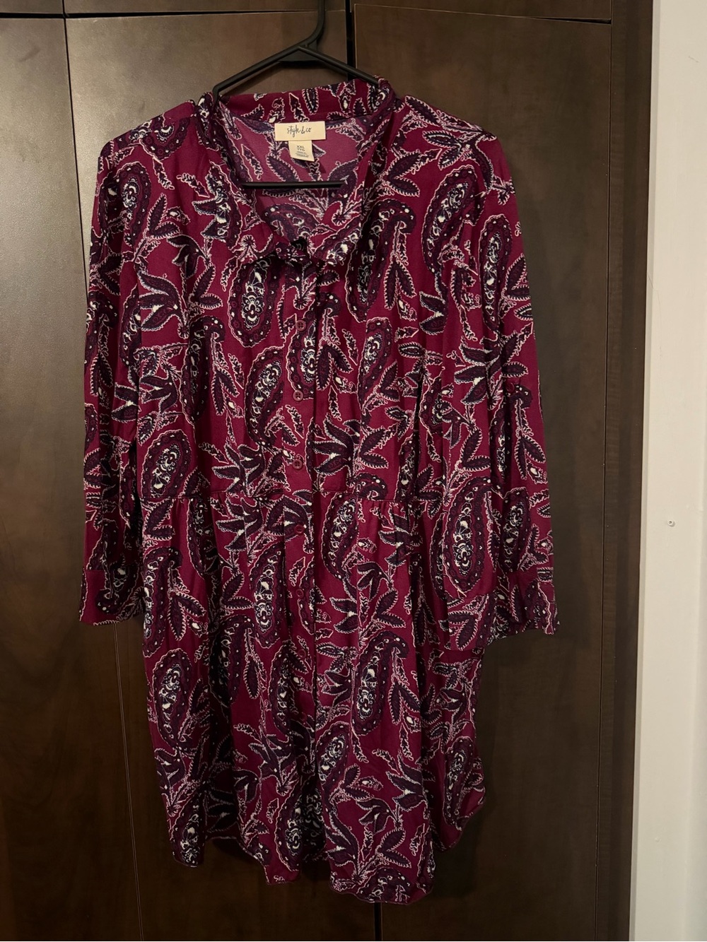 Style & Co. Burgundy Paisley Long-Sleeve Tie-Neck Dress
